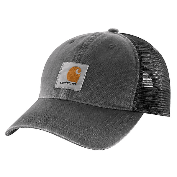 distressed black canvas and mesh snapback hat with Carhartt logo on front 