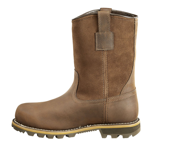 side view of high top brown leather work boots with Carhartt logo on side