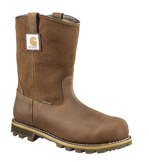 high top brown leather work boots with Carhartt logo on side