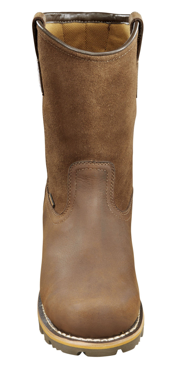 front view of high top brown leather work boots with Carhartt logo on side