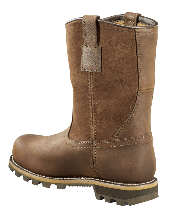 side angle of high top brown leather work boots with Carhartt logo on side