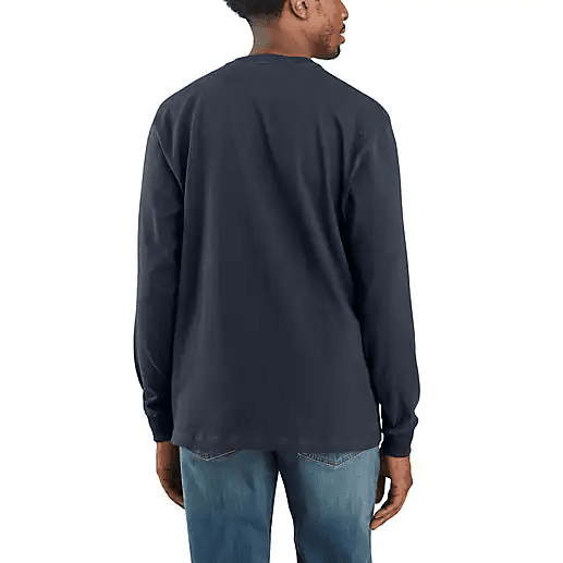 back of man wearing a dark grey long sleeve shirt