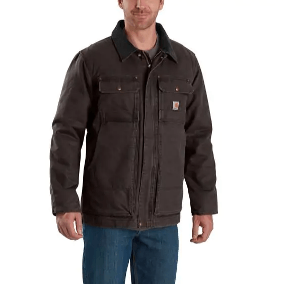 man wearing a dark brown insulated cot with chest pockets