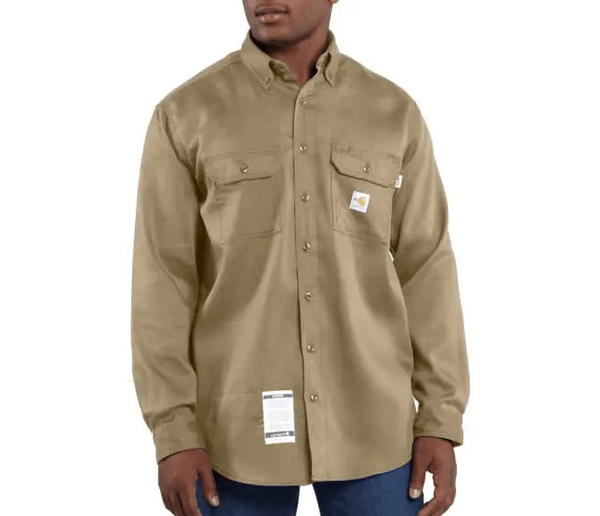 man wearing twill button down with chest pockets
