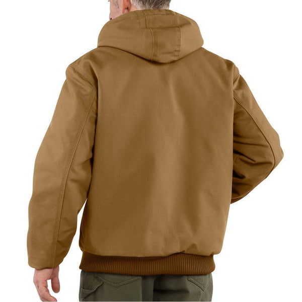 back of man wearing brown insulated jacket with hood