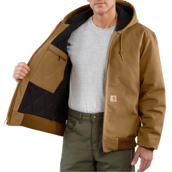 man showing inner lining of brown insulated jacket