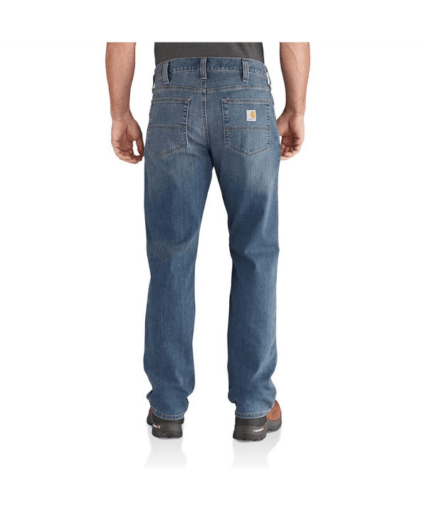 back view of man wearing straight leg light blue jeans