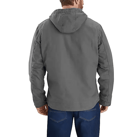 back of man wearing dark grey insulated jacket with hood
