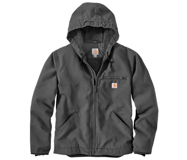 dark grey insulated jacket with hood on white background 