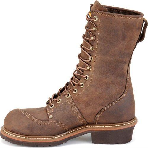 side view of high top brown leather work boot with tall heel