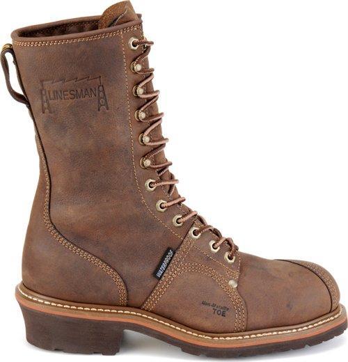high top brown leather work boot with tall heel
