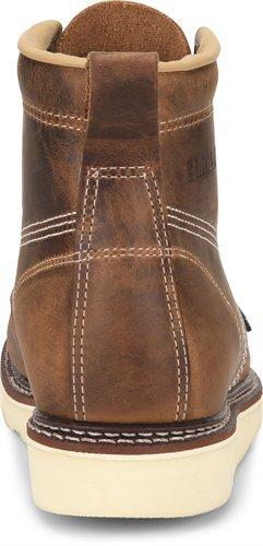 back view of mid-rise brown work boot with light brown sole