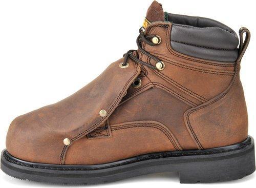 side of brown work boot with guard over laces and black sole