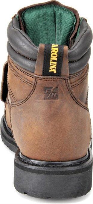 back of brown work boot with guard over laces and black sole