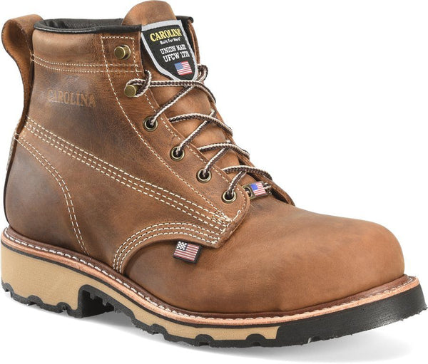 side angled view of mens carolina distressed brown lace up work boot