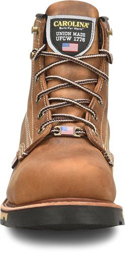 front view of mens carolina distressed brown lace up work boot rounded toe