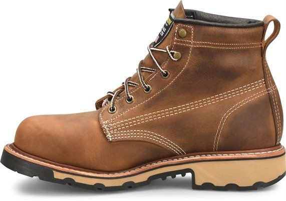 side view of mens distressed brown lace up white stitched work boot