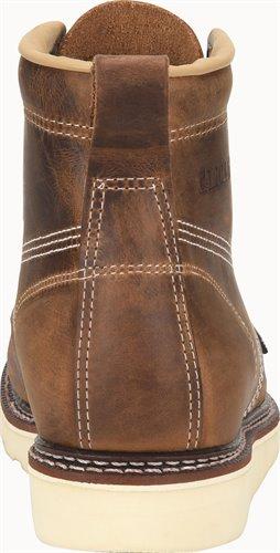 back view of mid-rise tan work boot with light brown sole