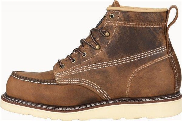 side view of mid-rise tan work boot with light brown sole