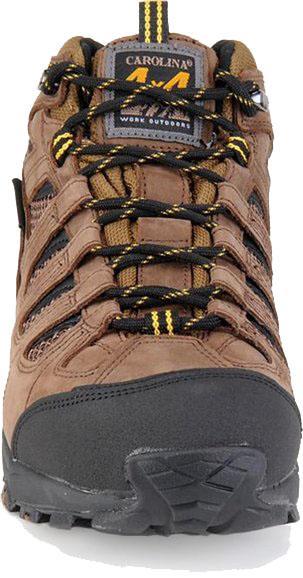 front of brown mid-rise hiking boot with net inlays and black toe and heel guard