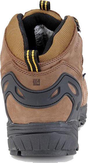 back of brown mid-rise hiking boot with net inlays and black toe and heel guard
