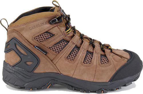 brown mid-rise hiking boot with net inlays and black toe and heel guard
