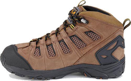 side of brown mid-rise hiking boot with net inlays and black toe and heel guard
