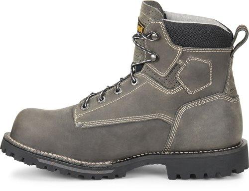side view of grey mid-rise work boot with black sole