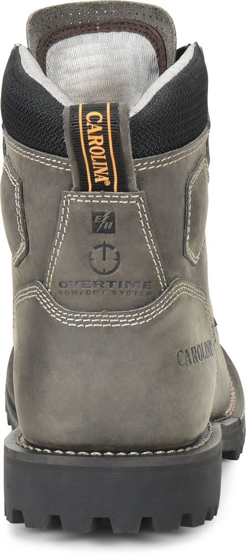 back view of grey mid-rise work boot with black sole