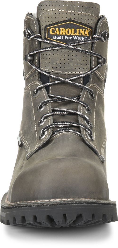 front view of grey mid-rise work boot with black sole