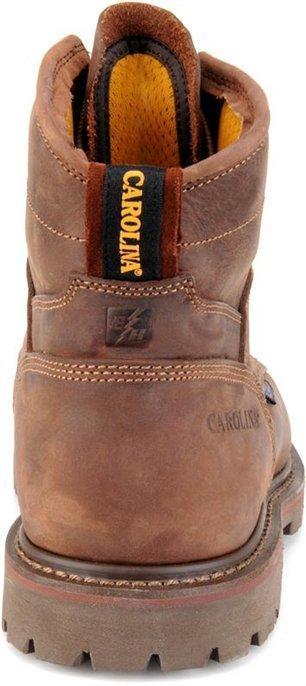 back of light brown distressed work boot with brown sole