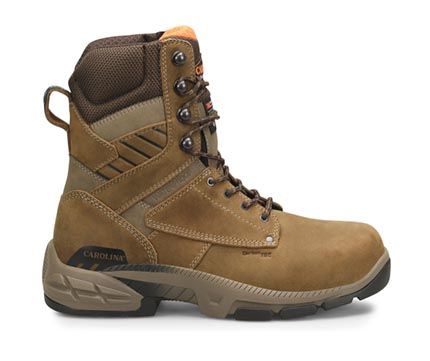 right side view of mens light brown lace up work boots with tan sole and dark brown cushioned ankle cuff