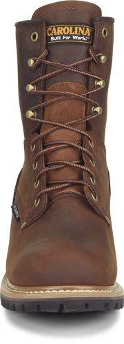 front view of high top two toned leather work boot with tall heel