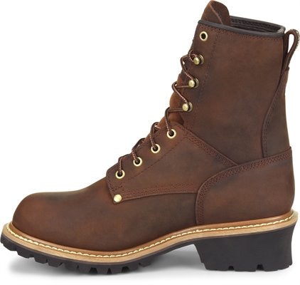 side view of high top two toned leather work boot with tall heel