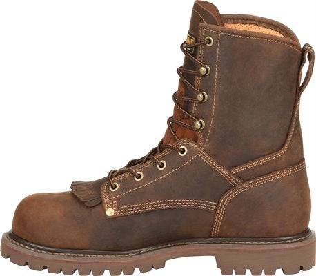 side of hightop dark brown boot with brown sole
