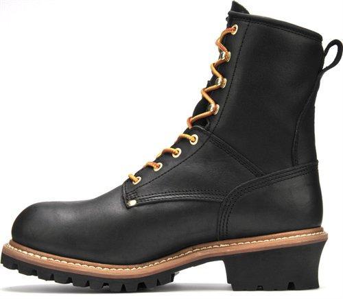 side of hightop black boot with brown laces and black sole with brown outsole