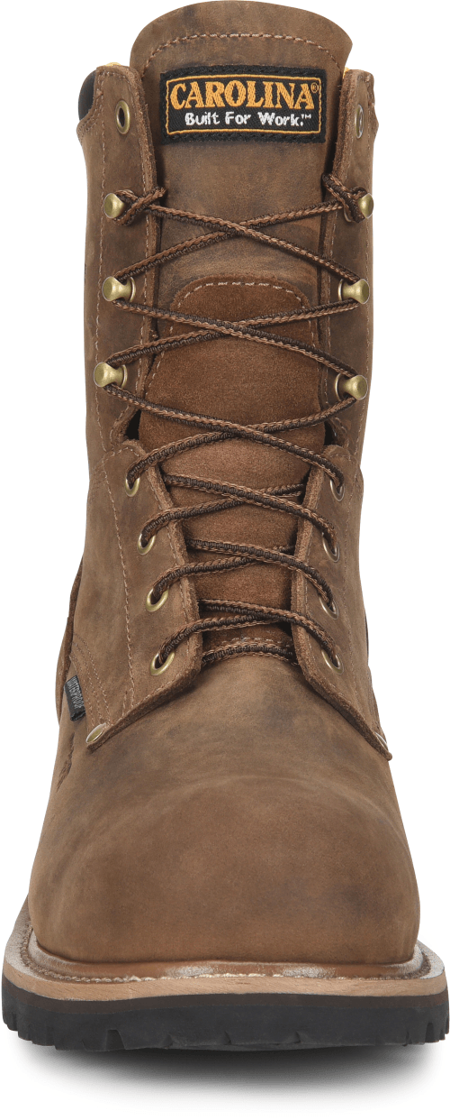 front of dark brown hightop work boot with black sole