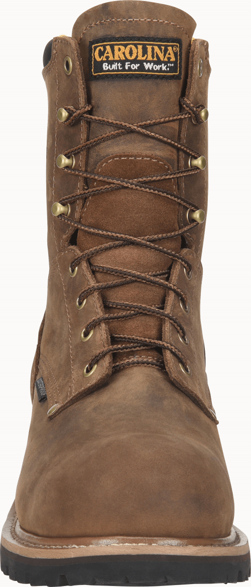 front of brown hightop work boot with black sole