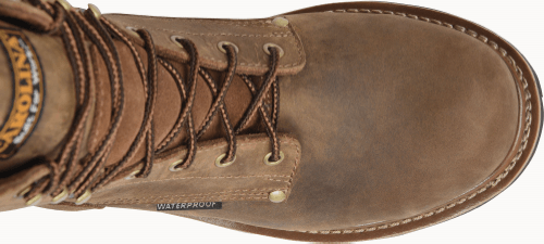 top of brown hightop work boot with black sole