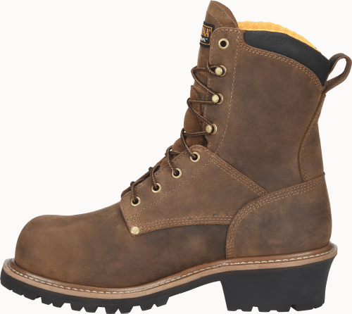 side of brown hightop work boot with black sole