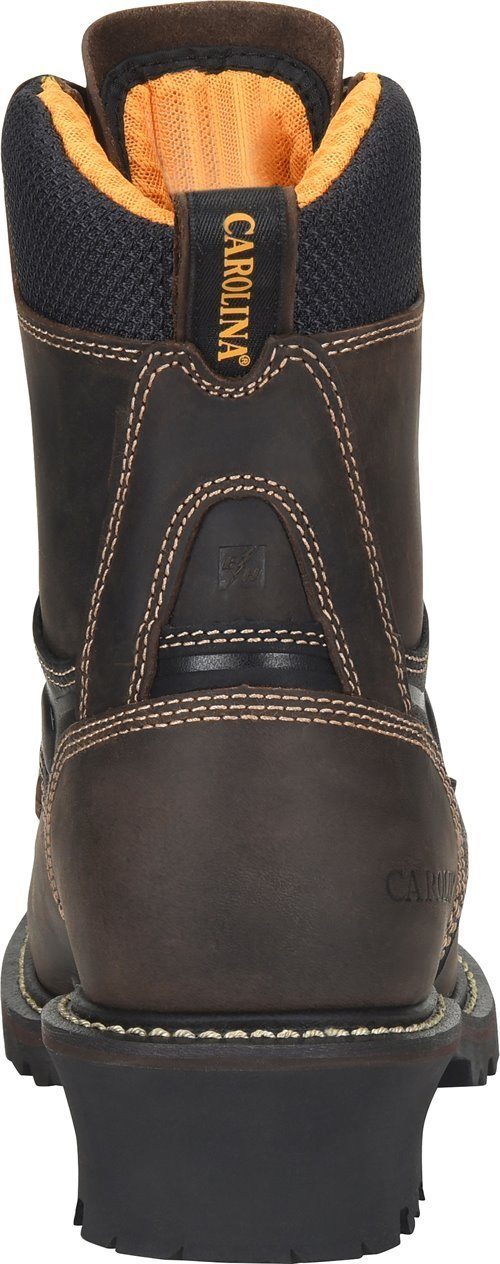 back of very dark brown hightop work boot with black accent at ankle 