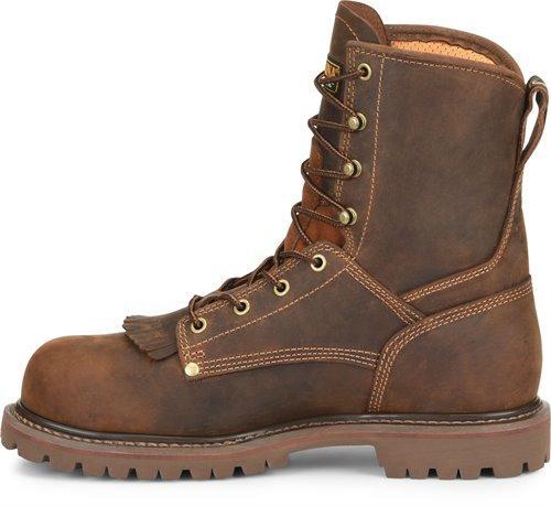 side of hightop dark brown boot with brown sole