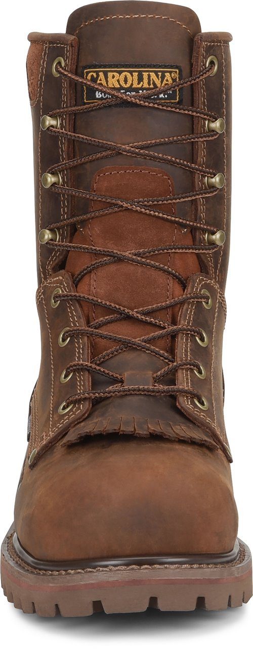 front of hightop dark brown boot with brown sole