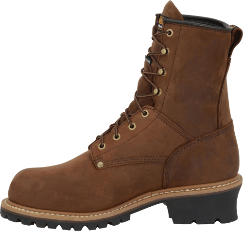 side view of high top tan work boot with light brown outsole and dark brown sole