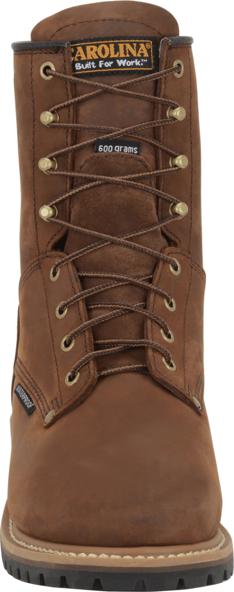 front view of high top tan work boot with light brown outsole and dark brown sole