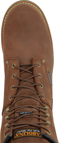 top view of high top tan work boot with light brown outsole and dark brown sole