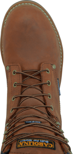 top view of high top brown work boot with dark brown sole and gold eyelets 