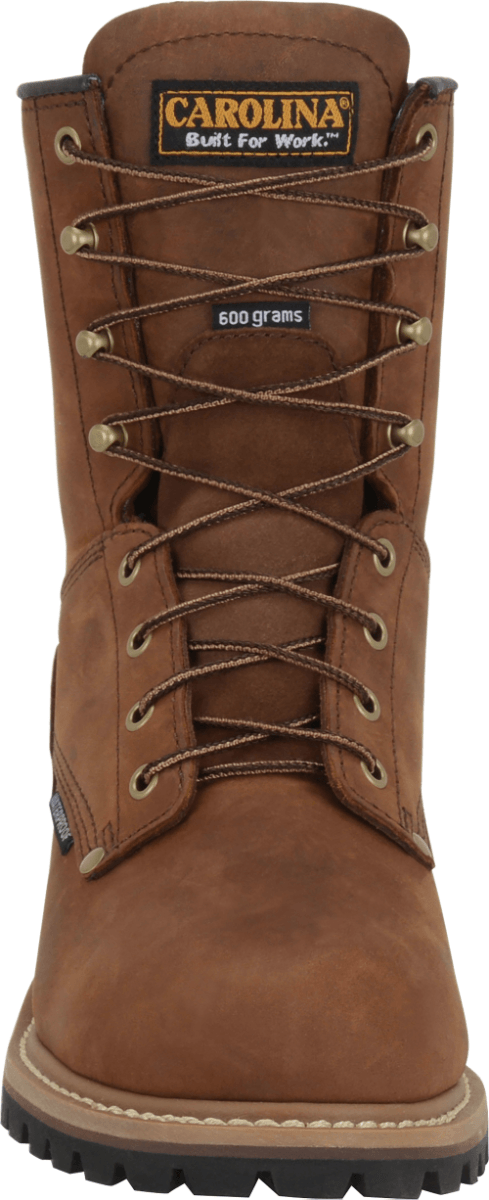 front view of high top brown work boot with dark brown sole and gold eyelets 