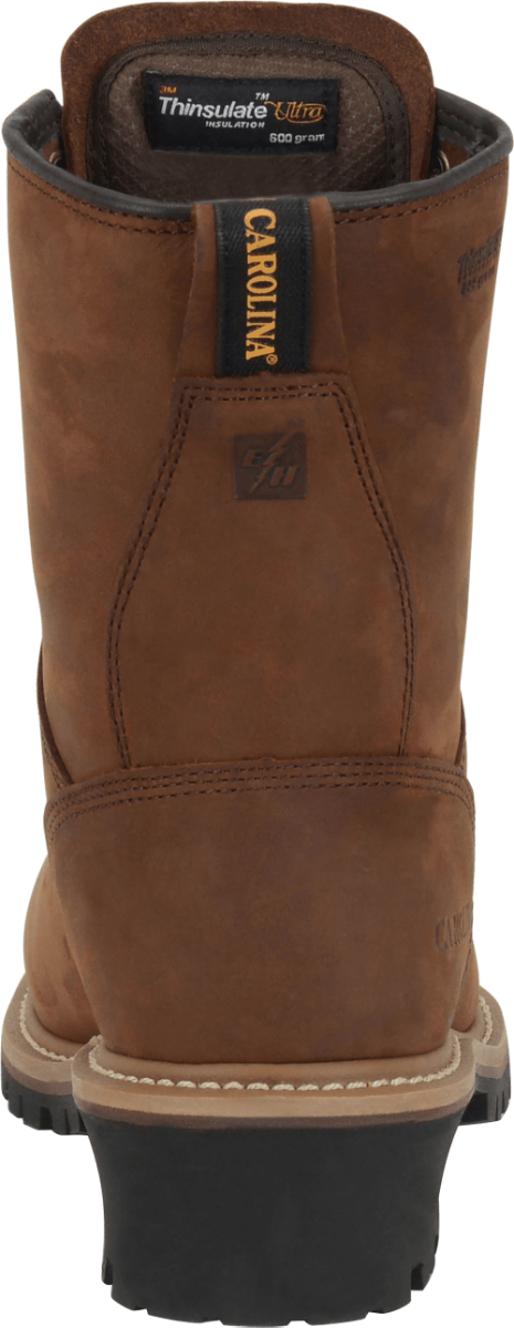 rear view of high top brown work boot with dark brown sole and gold eyelets 