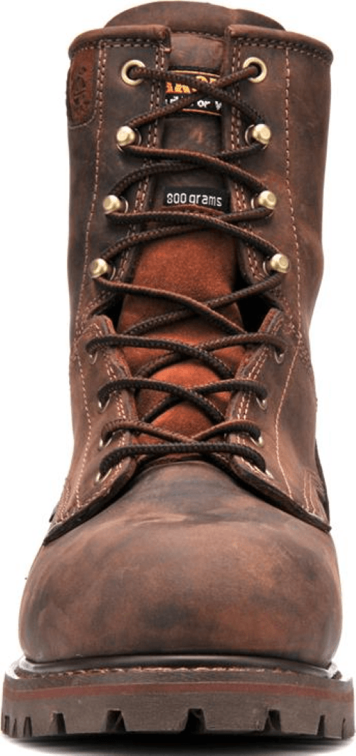 front of  red-brown hightop boot with brown sole